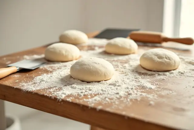 Round balls of pizza dough resting on a flour-dusted wooden bench
