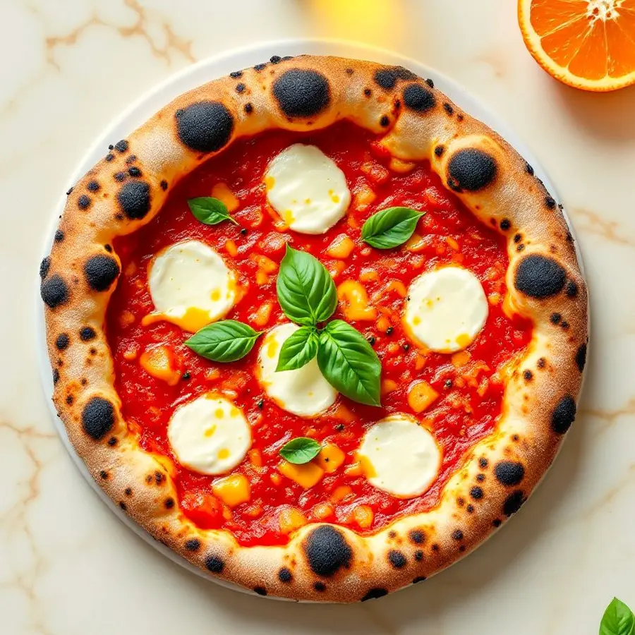 Overhead view of a Neapolitan margherita pizza with a puffy, charred, leopard-spotted crust, torn mozzarella and basil