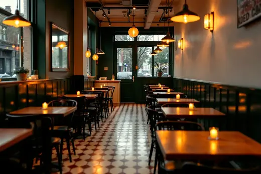 The Dough & Daughter dining room before service: candles lit on small wooden tables, dark green wainscot, tiled floor