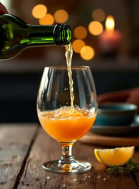 Cloudy amber natural wine being poured into a stemless glass in warm candlelight