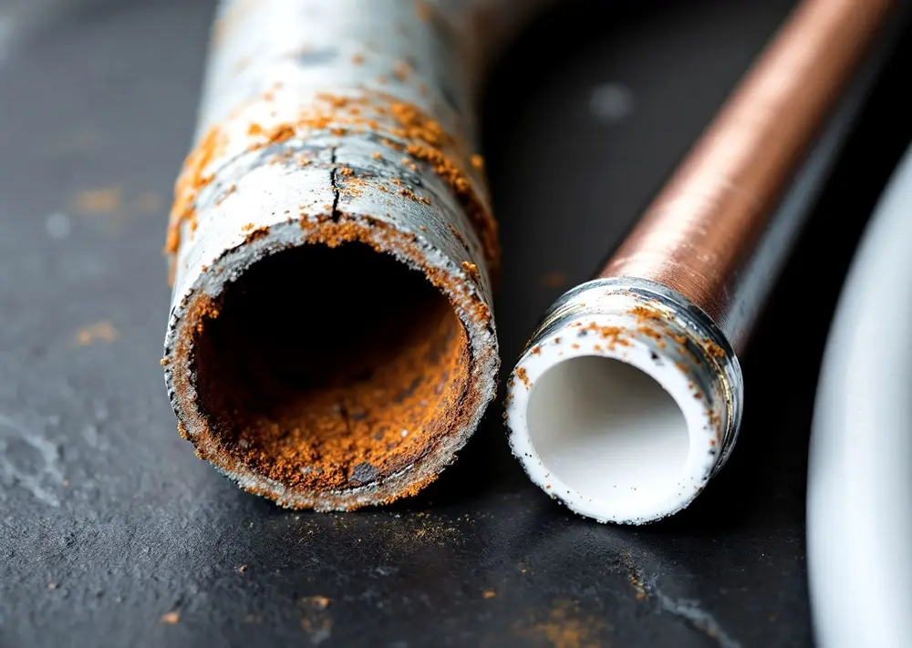 A cut piece of old galvanized pipe nearly closed with rust, next to new copper and white PEX
