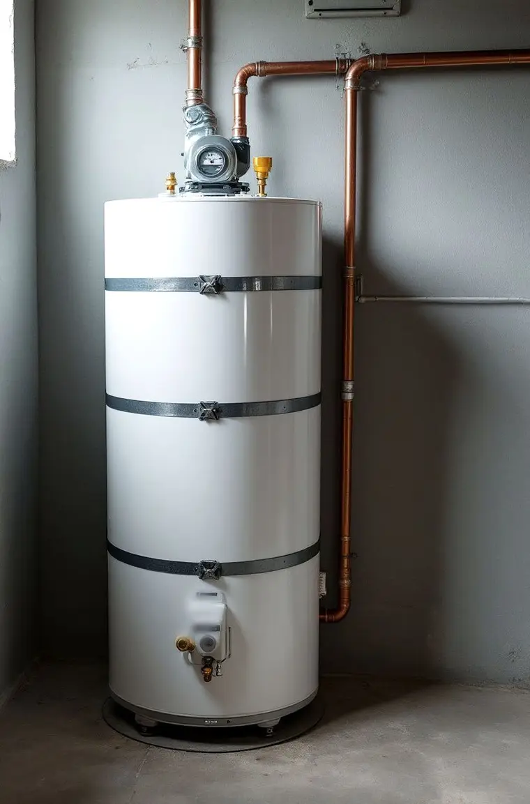 A new water heater in a basement, held to the wall with two steel earthquake straps
