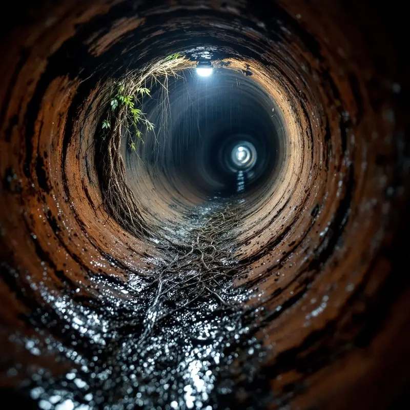 Camera view inside an old clay sewer pipe with fine tree roots growing through a joint