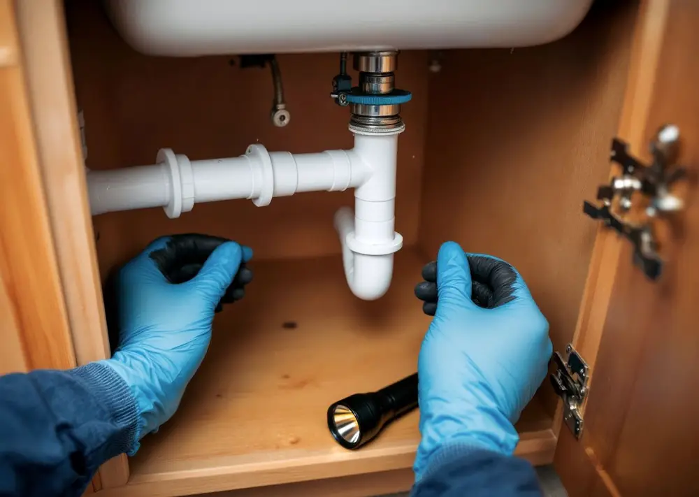 Gloved hands tightening the trap under a kitchen sink by flashlight