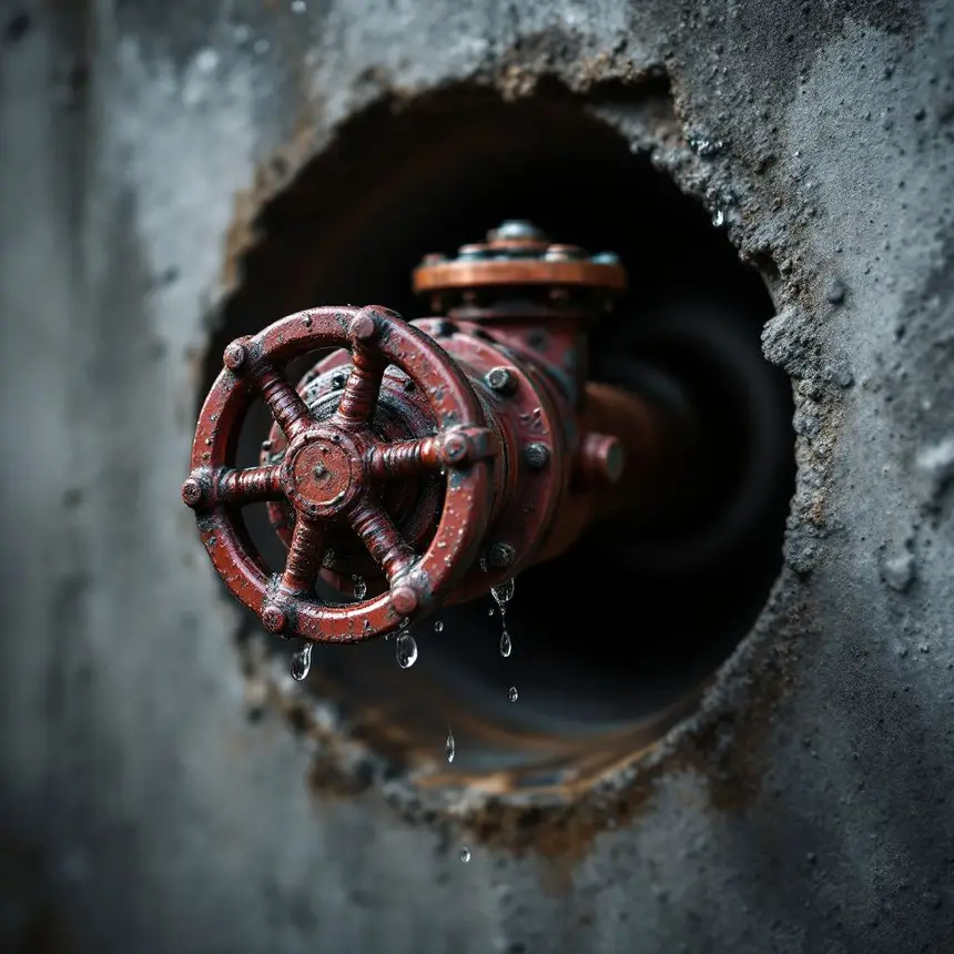 An old red wheel valve on a copper water main where it comes through a concrete basement wall