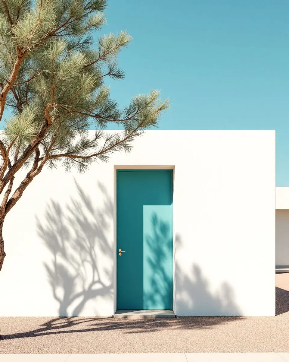 White stucco wall and a turquoise door under a hard blue Arizona sky
