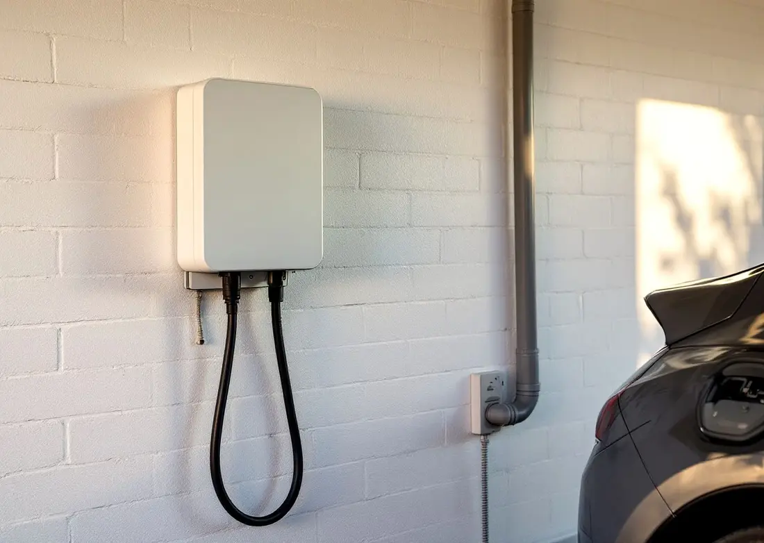 A plain white wall charger on a painted brick garage wall, its cable plugged into a grey electric car