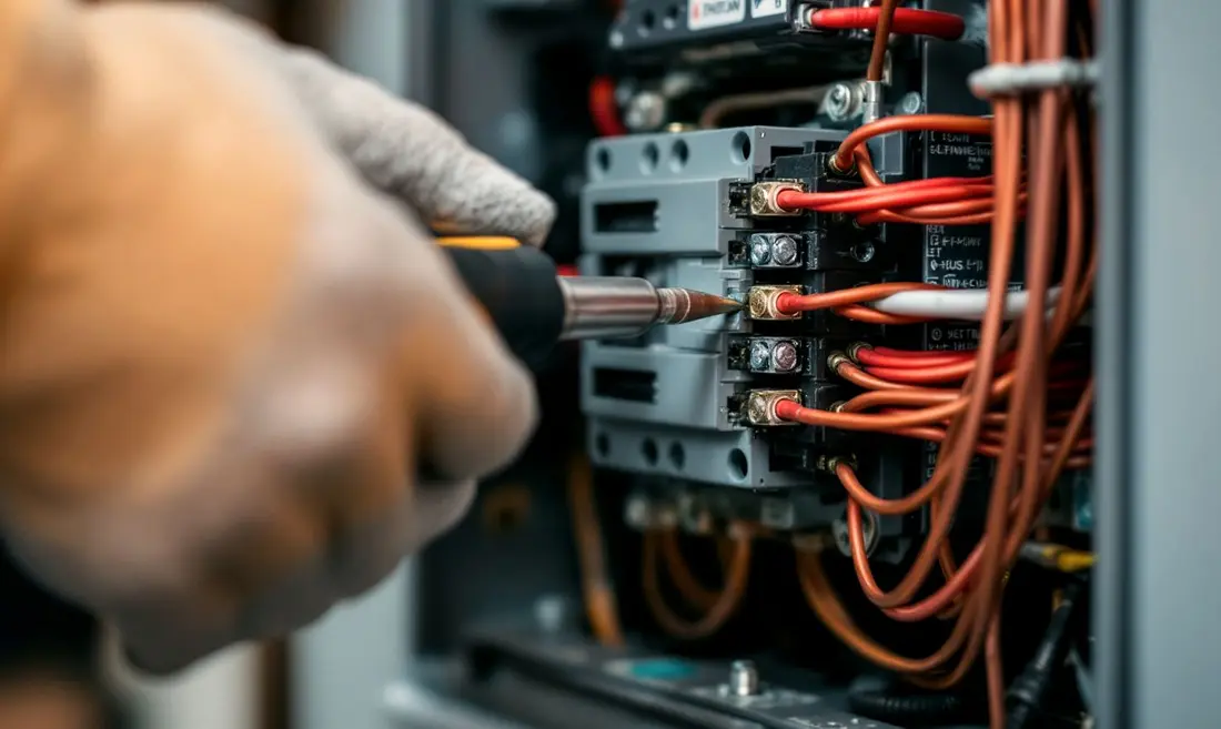 Gloved hands tightening a breaker terminal with an insulated screwdriver