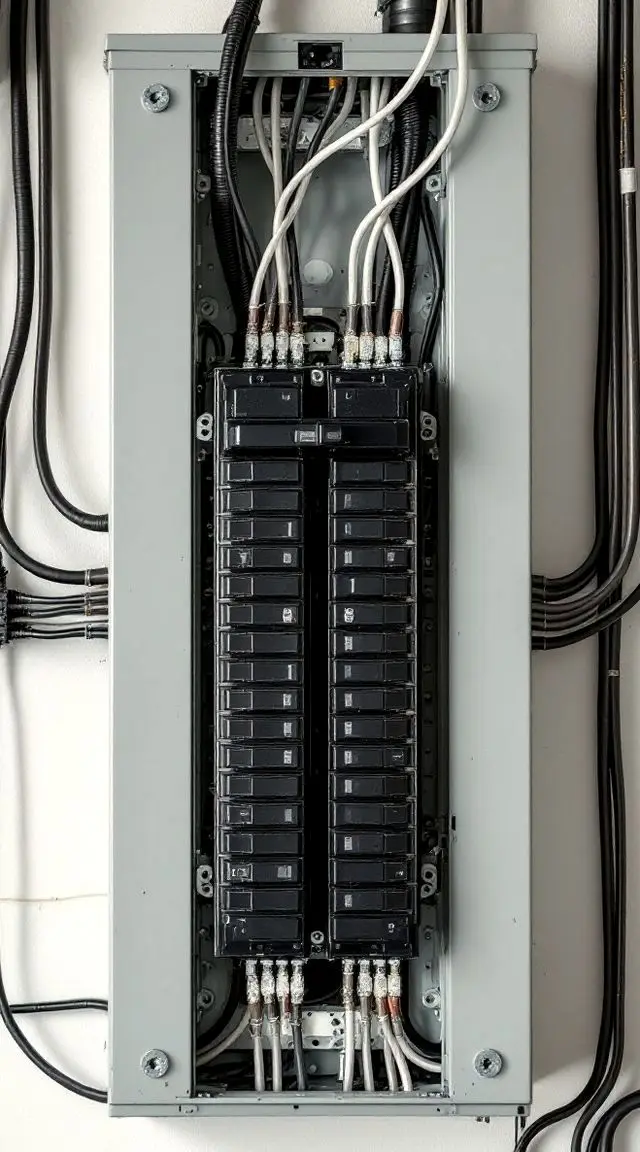 After: the same panel rewired, every wire routed straight and landed neatly on its breaker