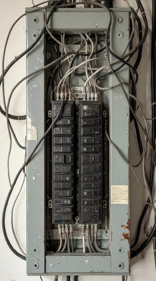 Before: an old grey panel with tangled wires looping everywhere, grime and a rusty corner
