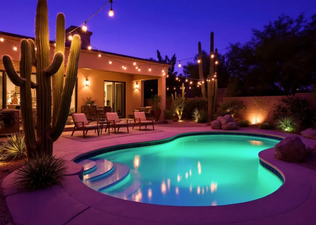 A backyard pool glowing turquoise at night under string lights, with an uplit saguaro
