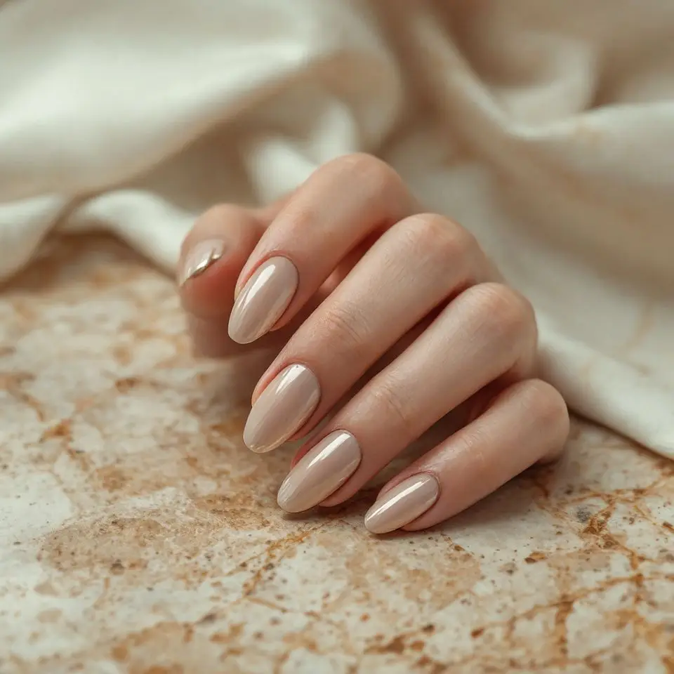 A hand with champagne chrome nails on stone and linen