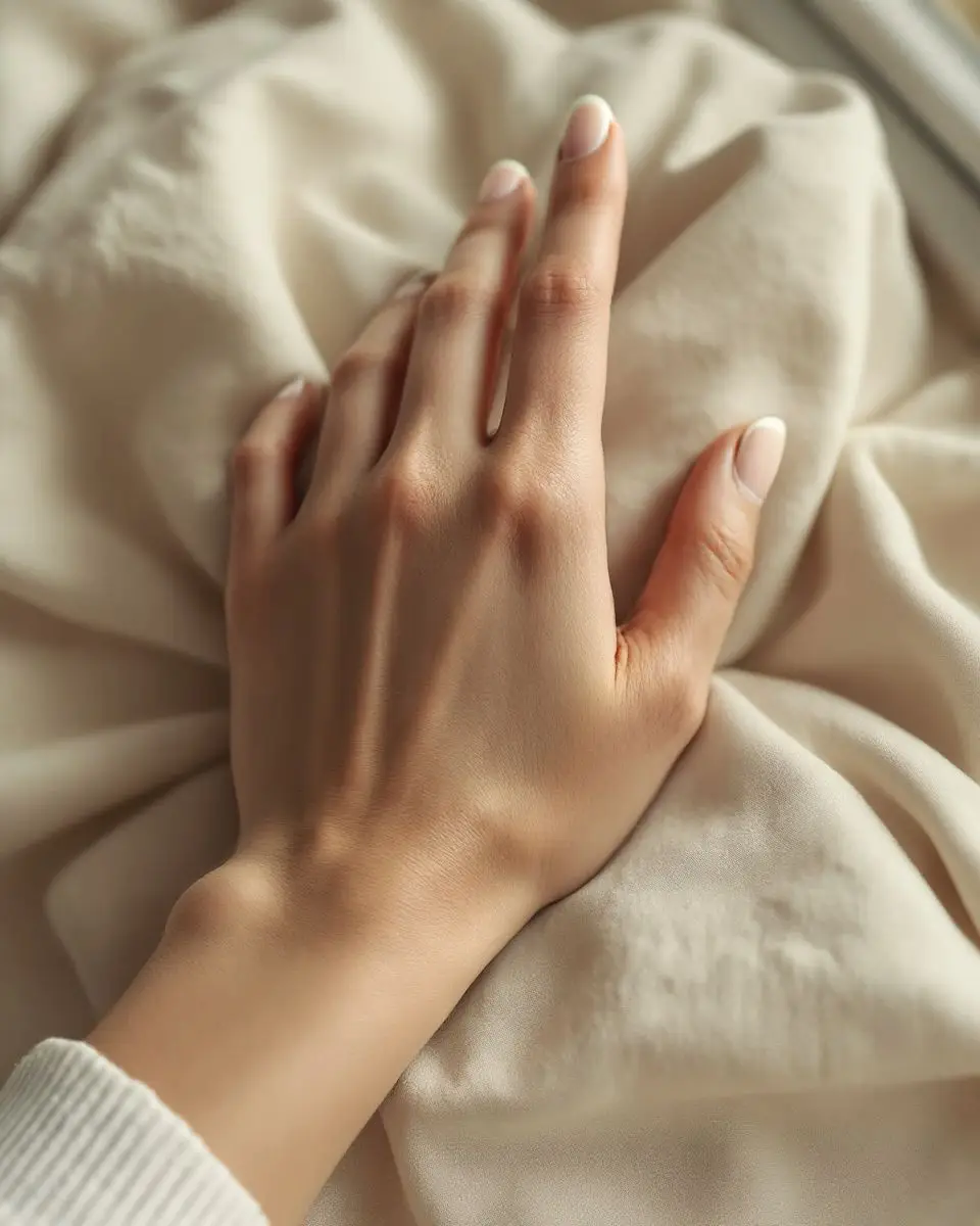 A hand with a fine white French tip on linen