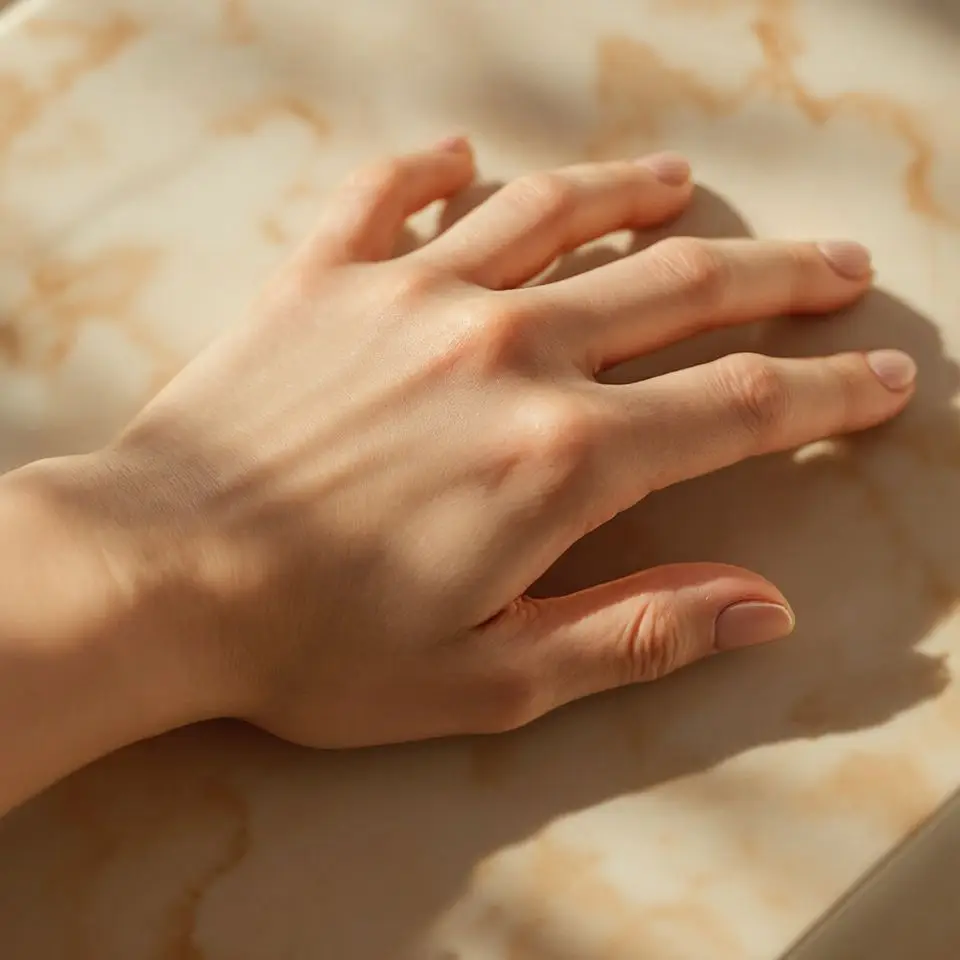 A hand with sheer glazed rose-beige nails on travertine