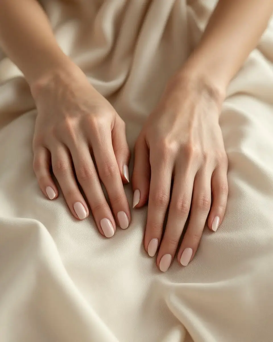 Two relaxed hands with sheer milky nude nails resting on cream linen