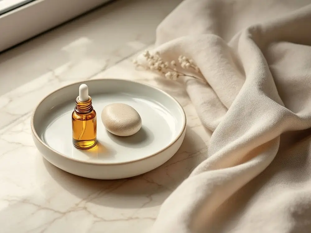 A ceramic dish with water, a smooth stone and an unlabelled amber dropper bottle on travertine