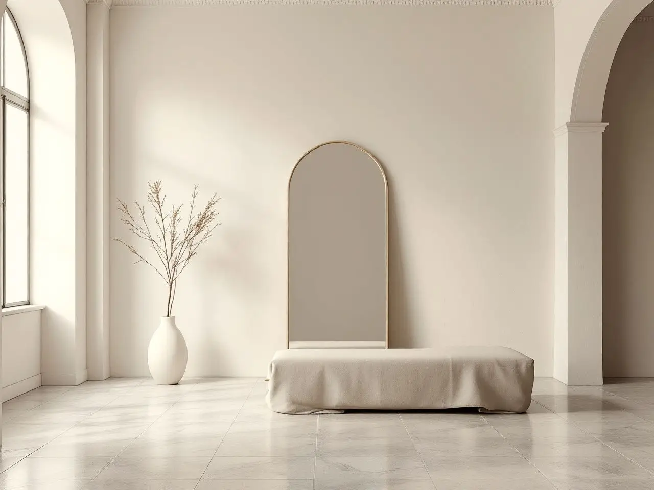 An empty studio with a tall arched mirror, travertine floor and a single linen chair in soft daylight