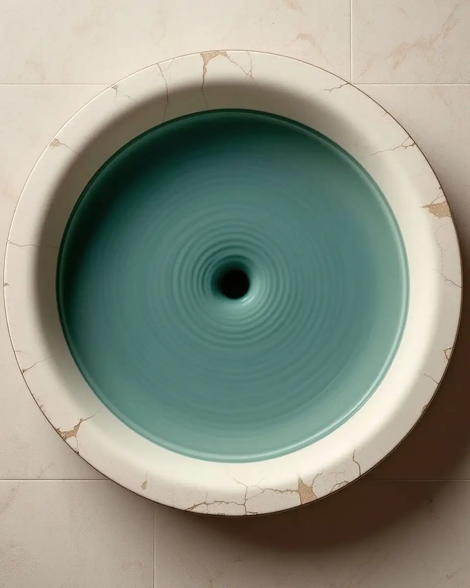 Still dark teal water in a round travertine basin with a single ripple