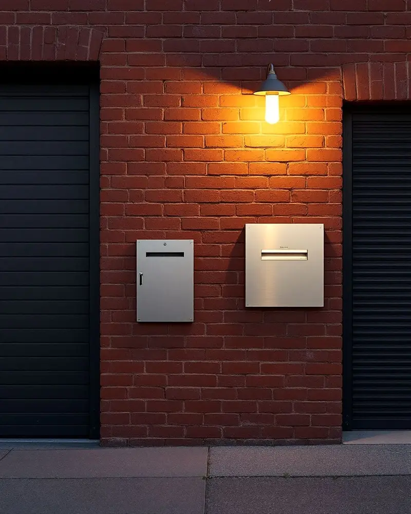 A steel key drop slot in a brick wall under a warm lamp before dawn