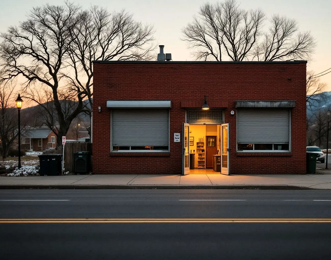 A small red-brick garage with its doors open and lit at golden hour, mountains on the horizon