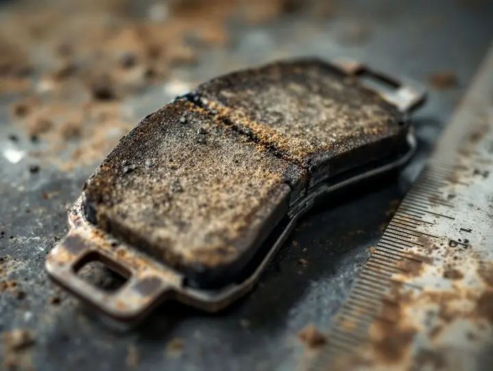 Photo from the shop: the worn front brake pad, almost no friction material left