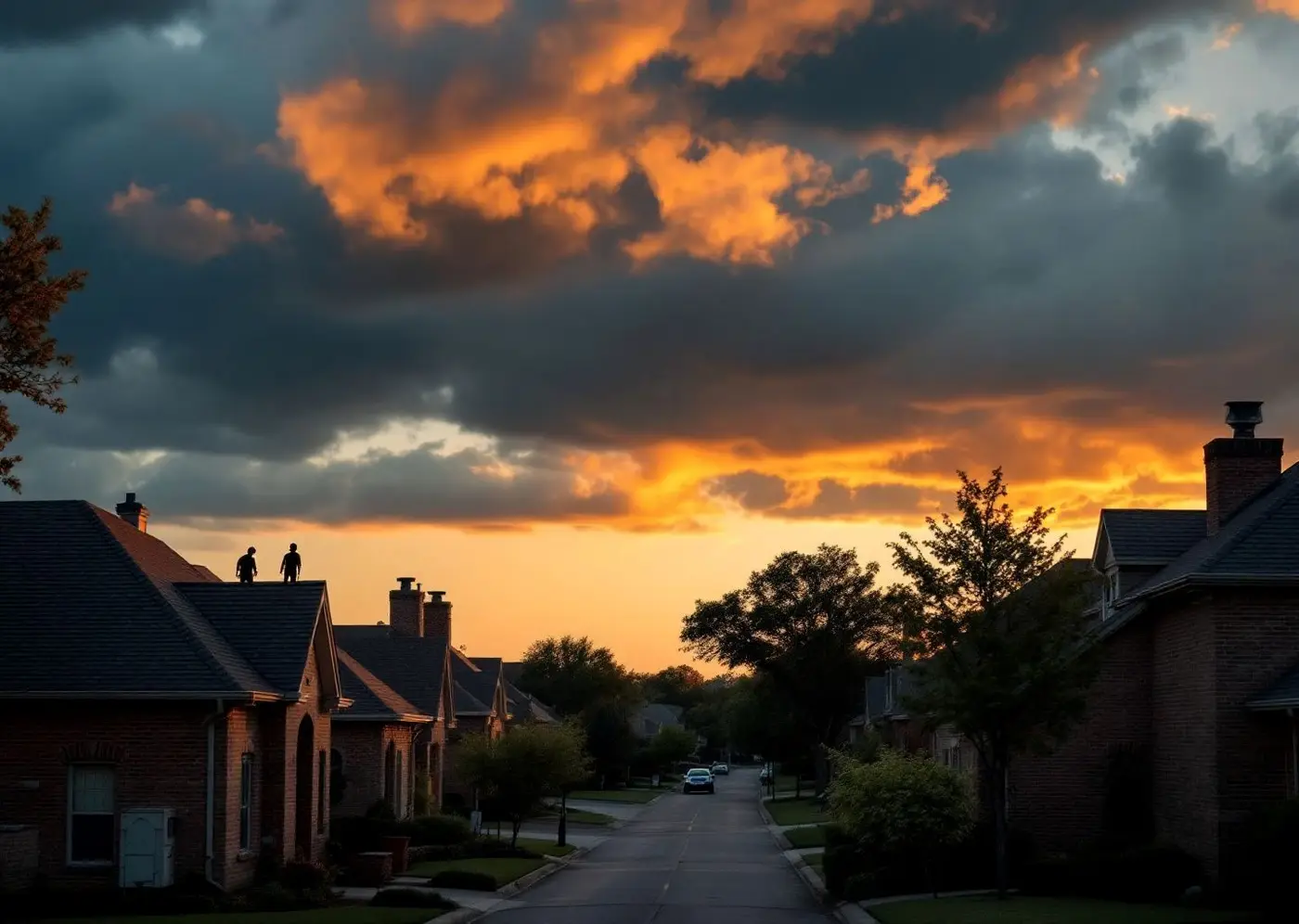 A North Texas street at sunset after a storm, with two tiny roofer silhouettes on a distant roof ridge
