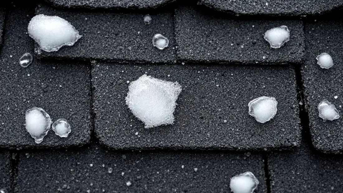 Hailstones melting on dark grey architectural shingles a few minutes after a storm, granules knocked loose around them