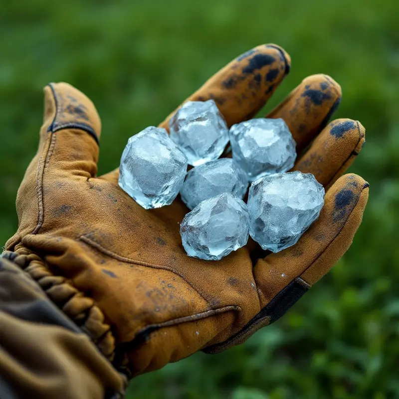 A gloved hand holding five jagged hailstones about the size of golf balls
