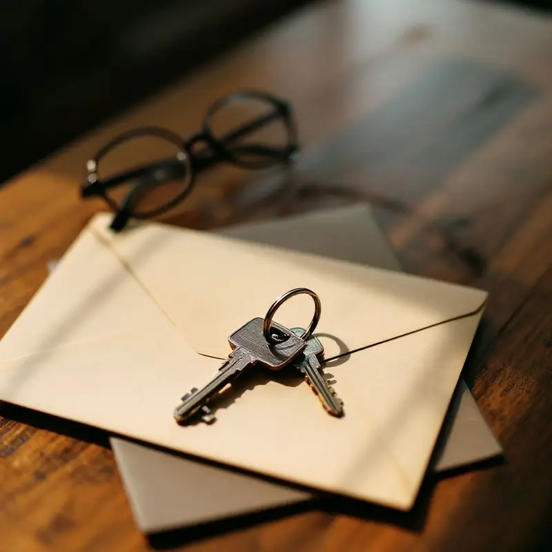 A ring of house keys and reading glasses resting on a manila envelope