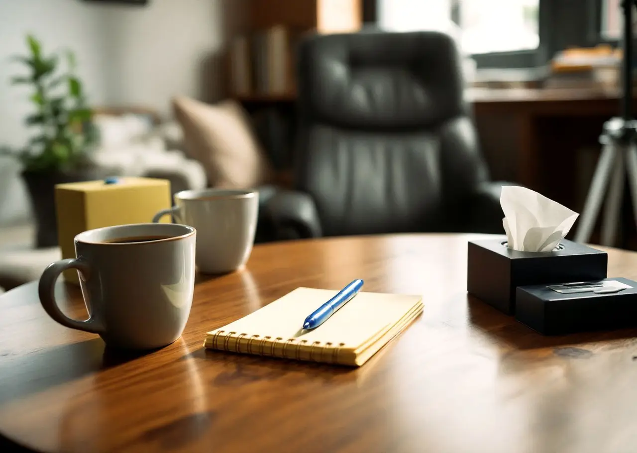 A round oak table in our meeting room: two mugs of coffee, a yellow notepad with a blue pen, and a box of tissues