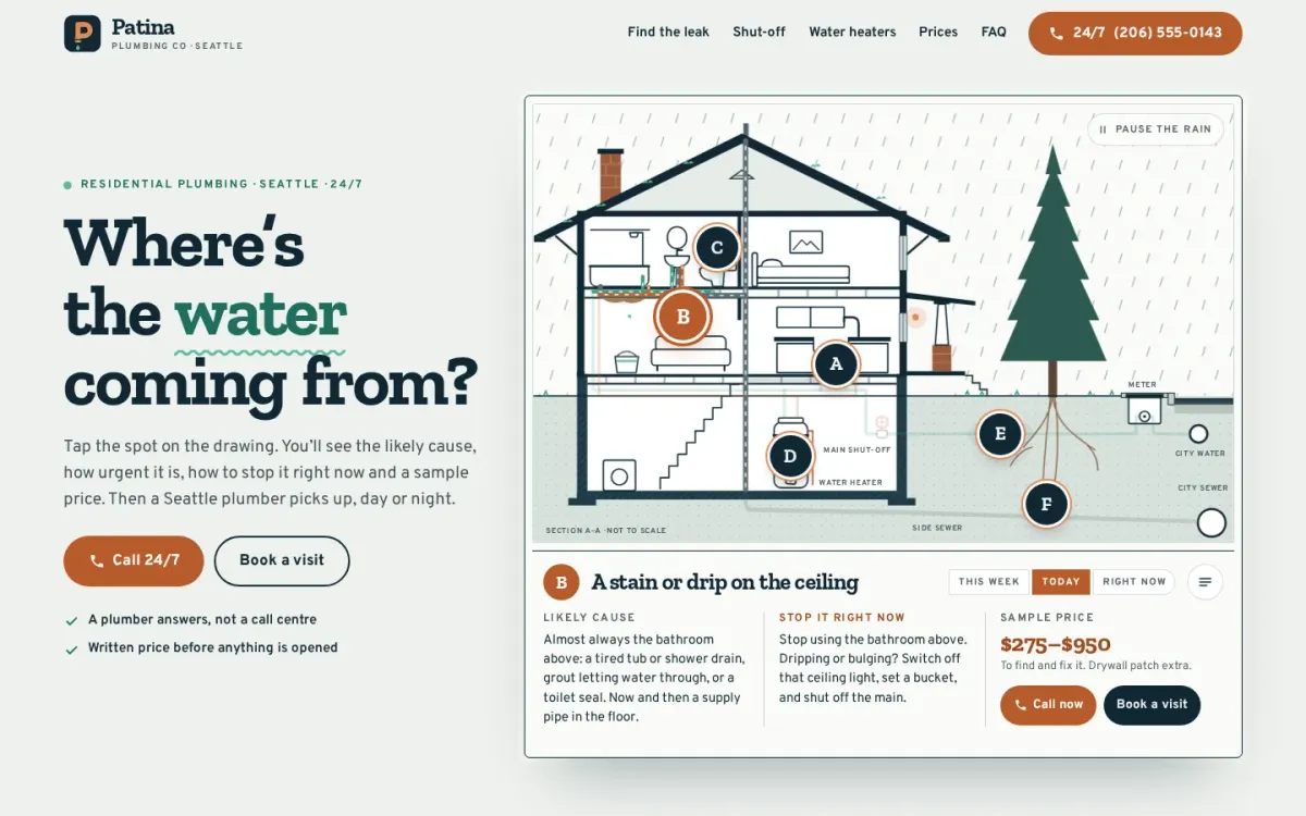 Patina Plumbing Co. sample site: Where’s the water coming from?