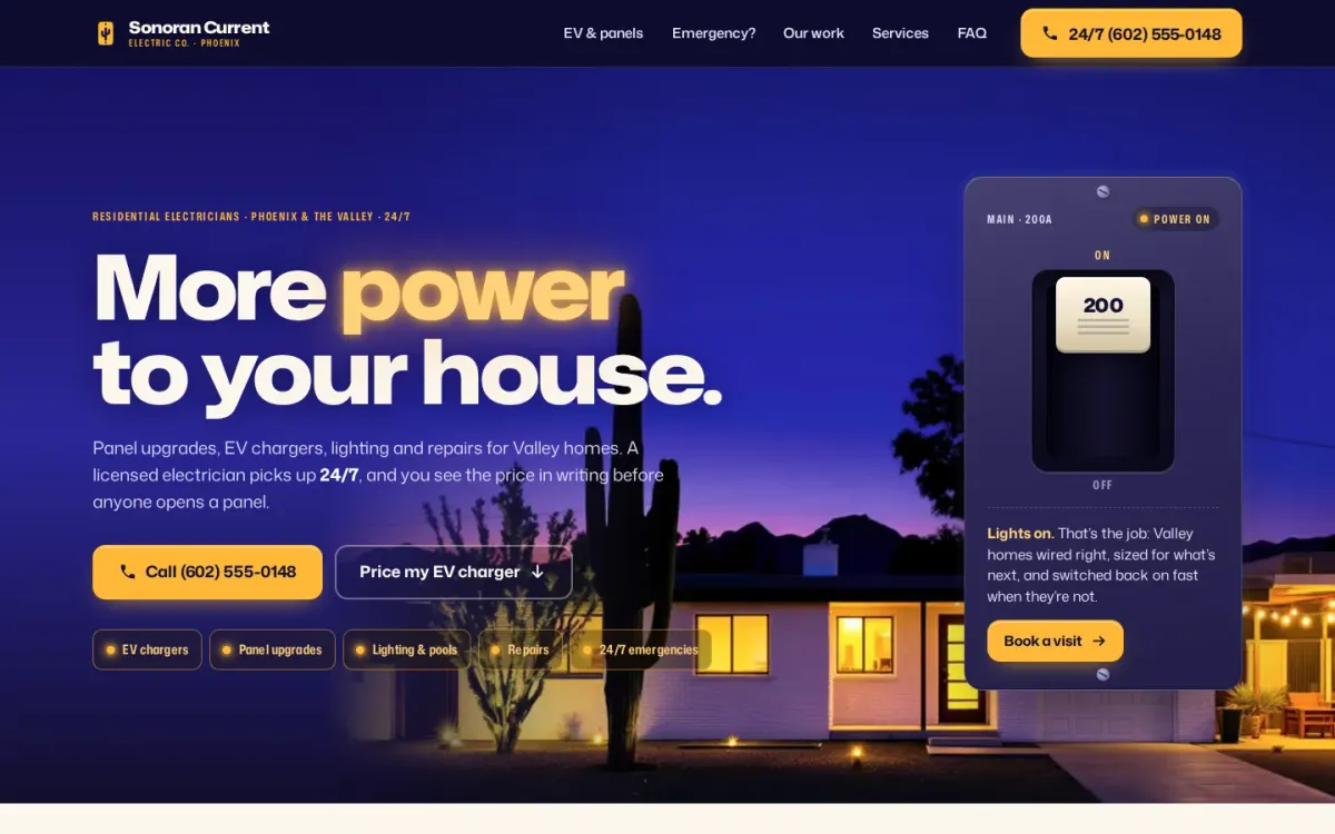 Sonoran Current Electric sample site: Flip the main. The house lights up