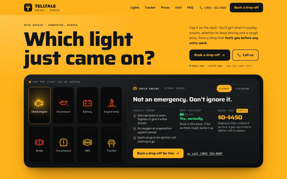 Telltale Garage sample site: Which light just came on?