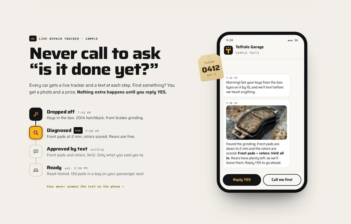 Telltale Garage sample site: Never call to ask “is it done yet?”